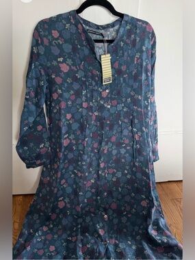 NWOT Gudrun Sjoden Blue Floral Midi Dress with Pink and Green Accents